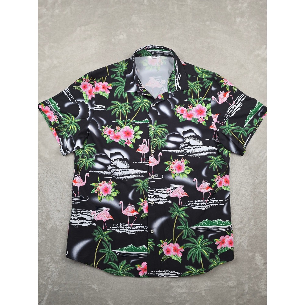 Simmashah Hawaiian Shirt Mens L Black Flamingo Tropical Floral Short Sleeve Poly